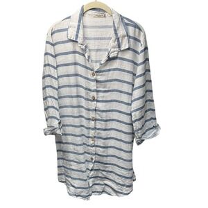 Viola Borghi Italy 100% Linen Striped Button‎ Down Shirt Blue White Womens Large